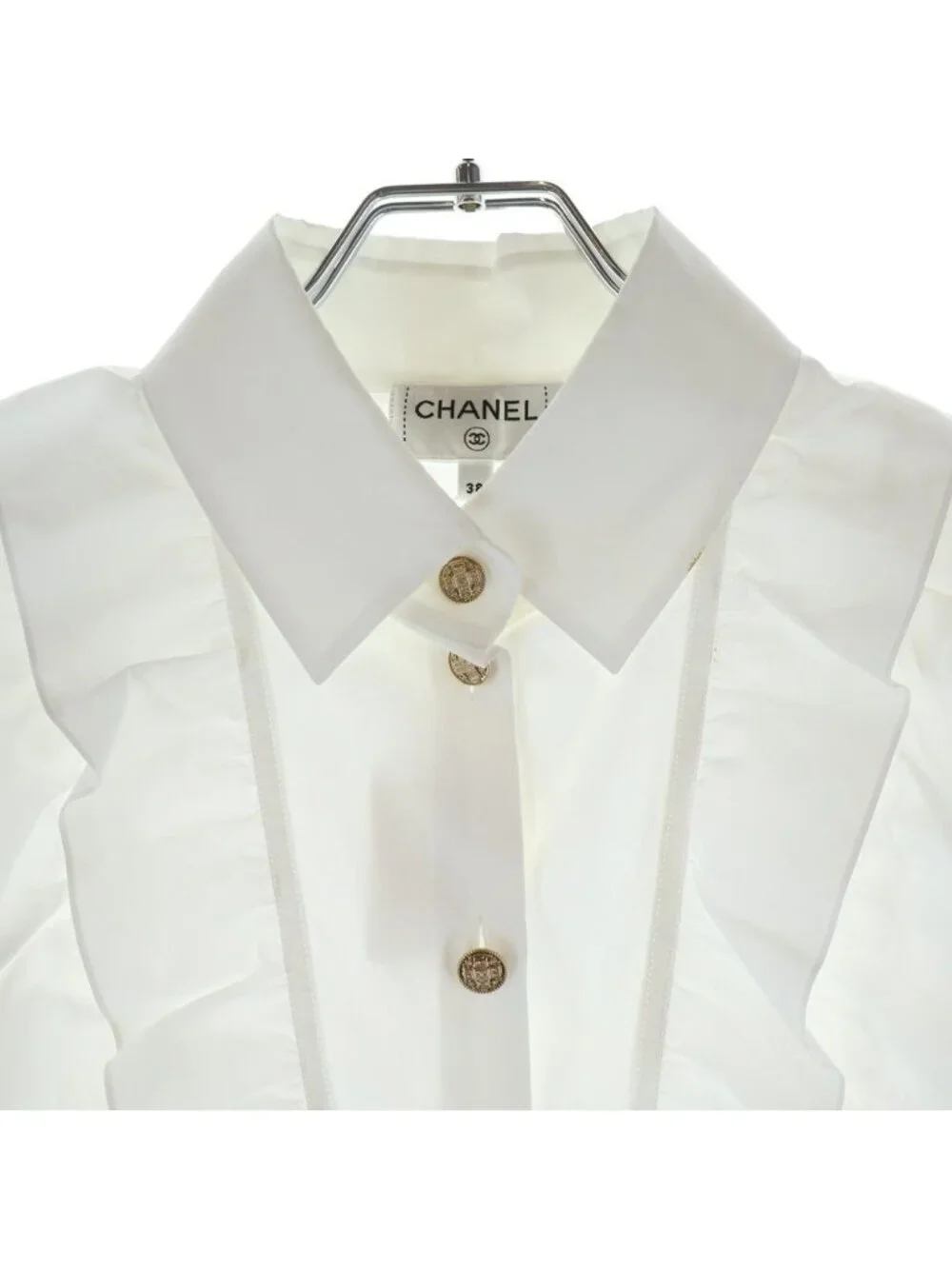 Chanel Rhinestone Gold Button Ruffle Long Sleeve Shirt Blouse Short Length